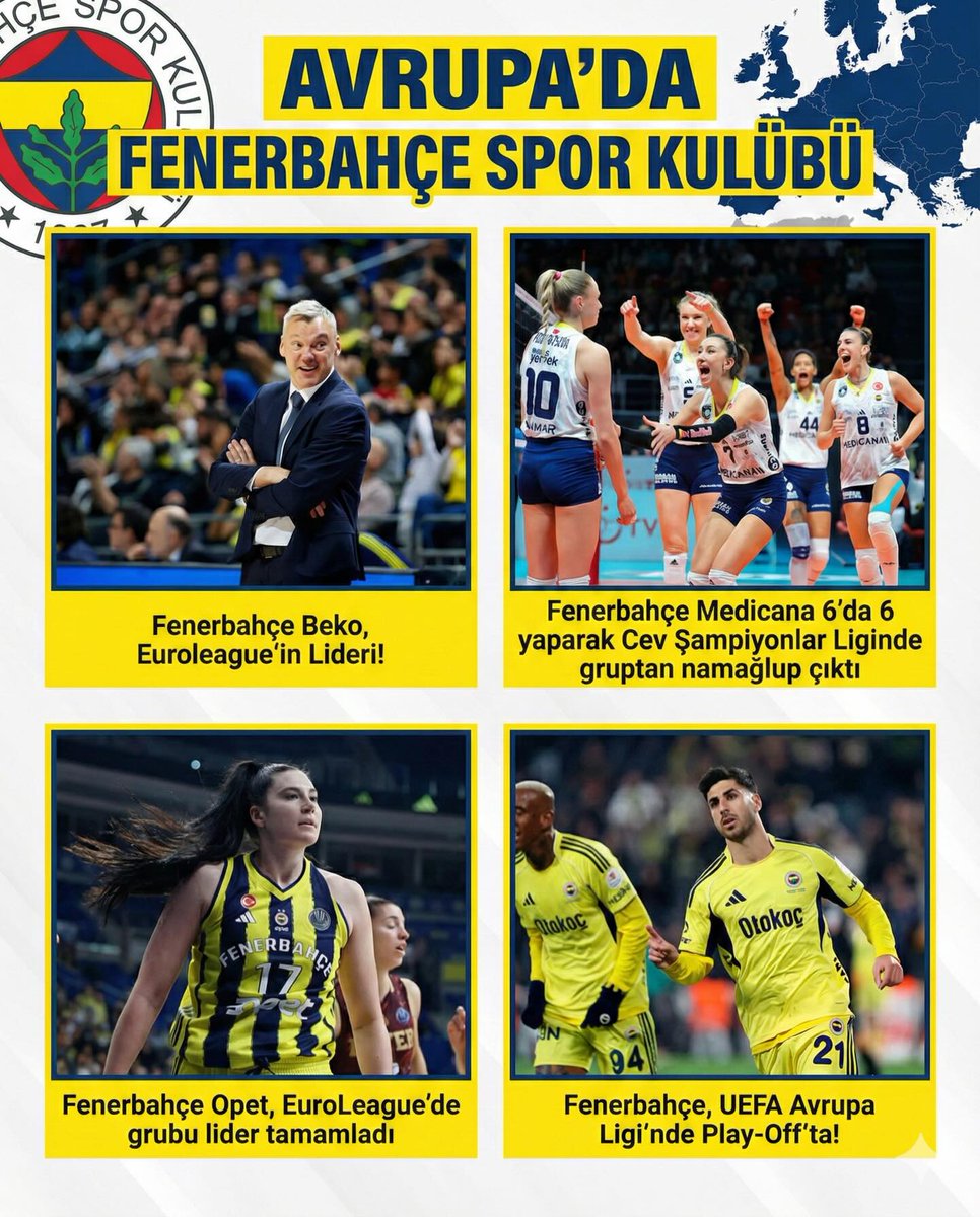 Fenerworldcom's tweet photo. AVRUPA’DA FENERBAHÇE SPOR KULÜBÜ

Fenerbahçe Beko, Euroleague’in Lideri! ✅

Fenerbahçe Medıcana 6’da 6 yaparak Cev Şampiyonlar Liginde gruptan namağlup çıktı✅

Fenerbahçe, UEFA Avrupa Ligi’nde Play-Off’ta!✅

Fenerbahçe Opet, EuroLeague’de grubu lider tamamladı✅

#Fenerbahce #Futbol #Sports