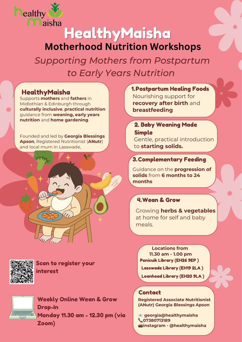 From postpartum healing to baby’s first foods 🥑 Motherhood Nutrition Workshops support families with evidence-based, culturally inclusive nutrition from birth through early years. Midlothian &amp; Edinburgh 🏴󠁧󠁢󠁳󠁣󠁴󠁿 + online options.📍Scan the QR to join us!