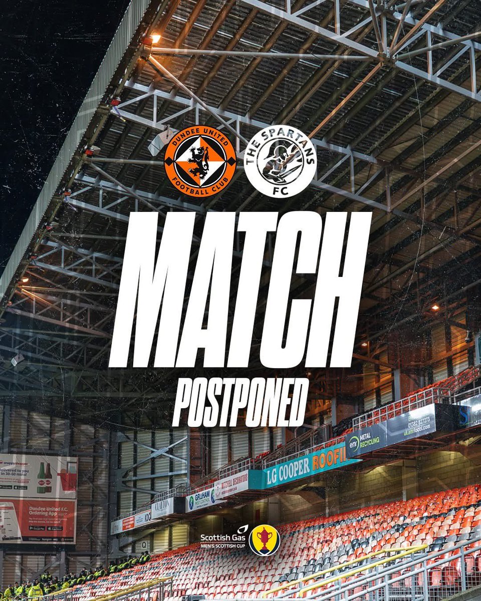 FitbaFocus's tweet image. ❌ Dundee Utd Scottish Cup Fifth Round tie with The Spartans has been postponed due to a waterlogged pitch 🌧️
Heavy rainfall and pitch conditions led to the decision in the interest of player safety.
📅 Rearranged: Tues 17 Feb
⏰ KO: 7:45pm
Ticket info to follow
#ScottishCup 🏆
