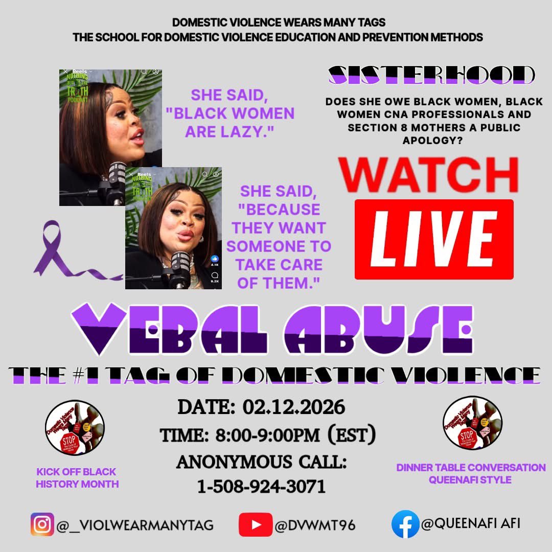 #SISTERHOOD DVWMT MONTHLY SISTER CIRCLE SUPPORT WILL DISCUSS WHAT SHE SAID, "BLACK WOMEN ARE LAZY" 

HOW DO I PARTICIPATE?  
DATE: THURSDAY, FEBRUARY 12, 2026 
TIME: 8:00-9:00 P.M. (EST)
ANONYMOUS CALL: 1-508-924-3071

WATCH LIVE YOUTUBE: 
youtube.com/live/mWljH4BDP…