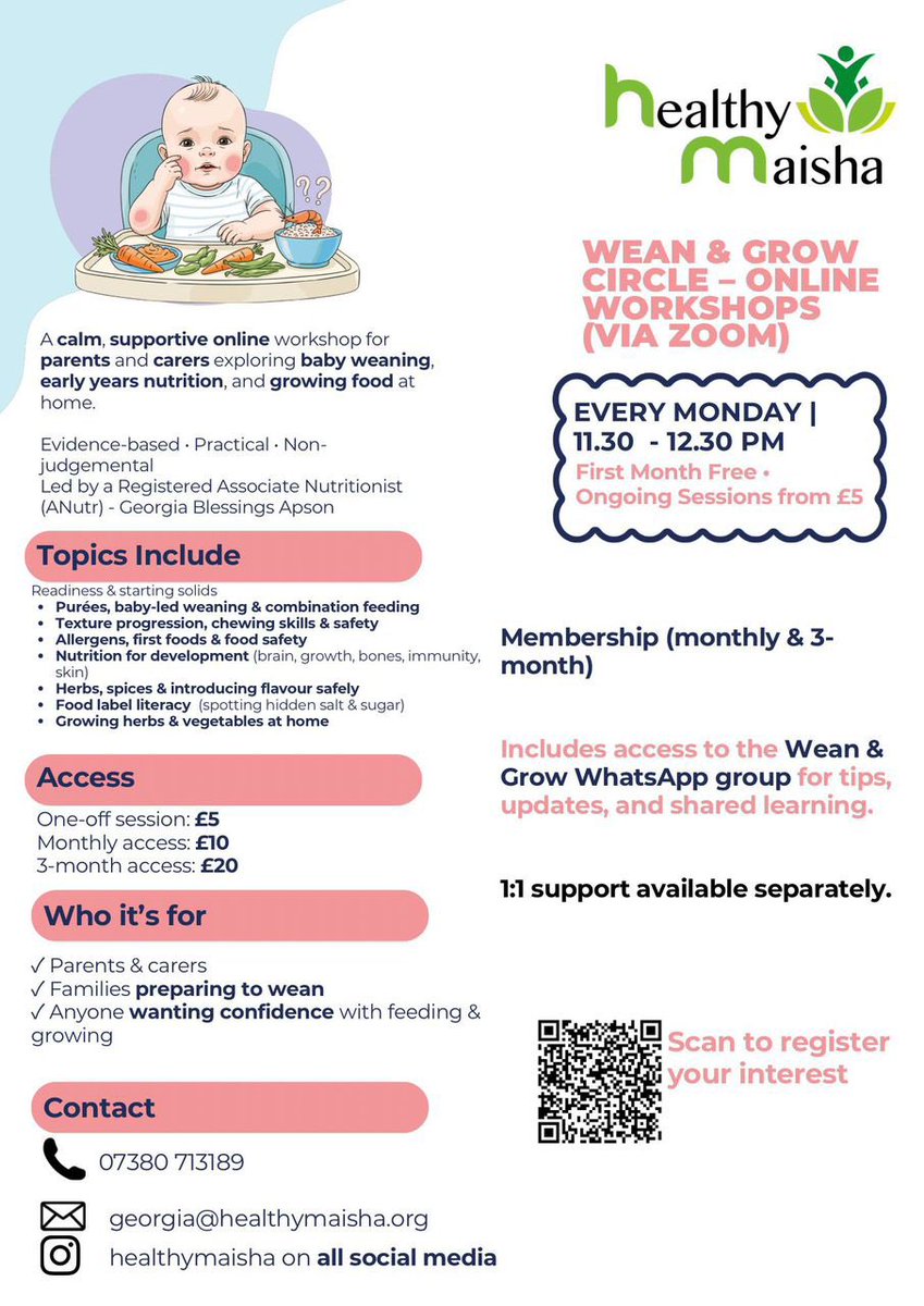 Wean &amp; Grow Circle (Zoom) 🥑🌱
A supportive space for parents &amp; carers exploring baby weaning, early years nutrition &amp; growing food at home.
✔ Evidence-based ✔ Practical 
🗓 Mondays 11:30–12:30am
✨ First month free | from £5
📲 Scan the QR to join!