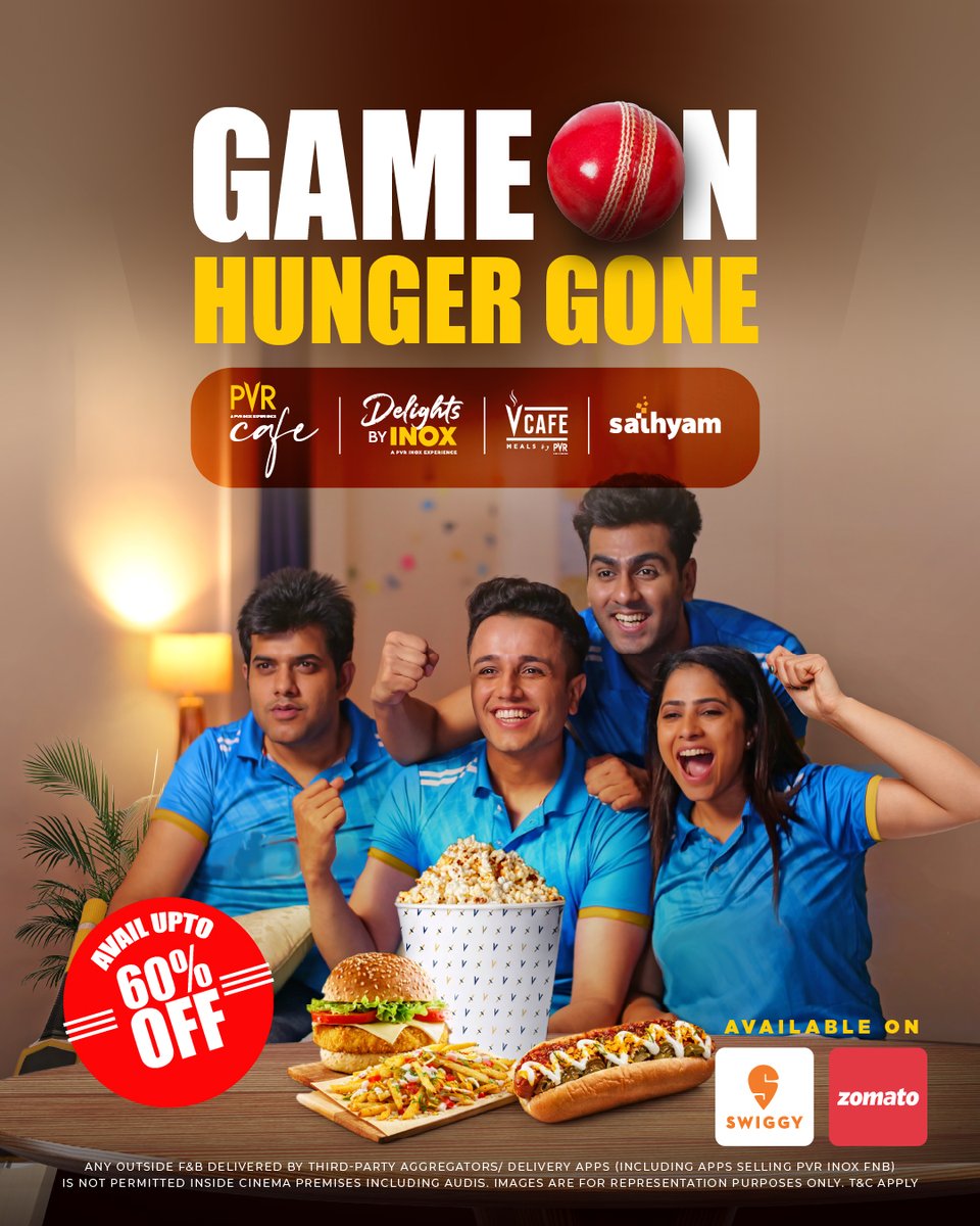 INOXMovies's tweet image. Cricket season is here! 🏏😍
Catch every over without missing a bite — get your favourite snacks delivered straight to your door!
Enjoy upto 60% off on select items, exclusively on Swiggy &amp;amp; Zomato.

Order now: linktr.ee/pvrcafehd
.
.
.
*T&amp;amp;Cs Apply
#PVRCafe #OrderNow