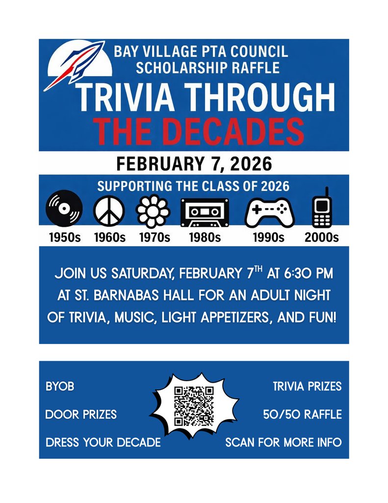 TODAY and TONIGHT! Start your day with a 5K walk or run, and then celebrate all those steps in by attending Trivia Through The Decades. Support our Bay Rockets Association and PTA Council.