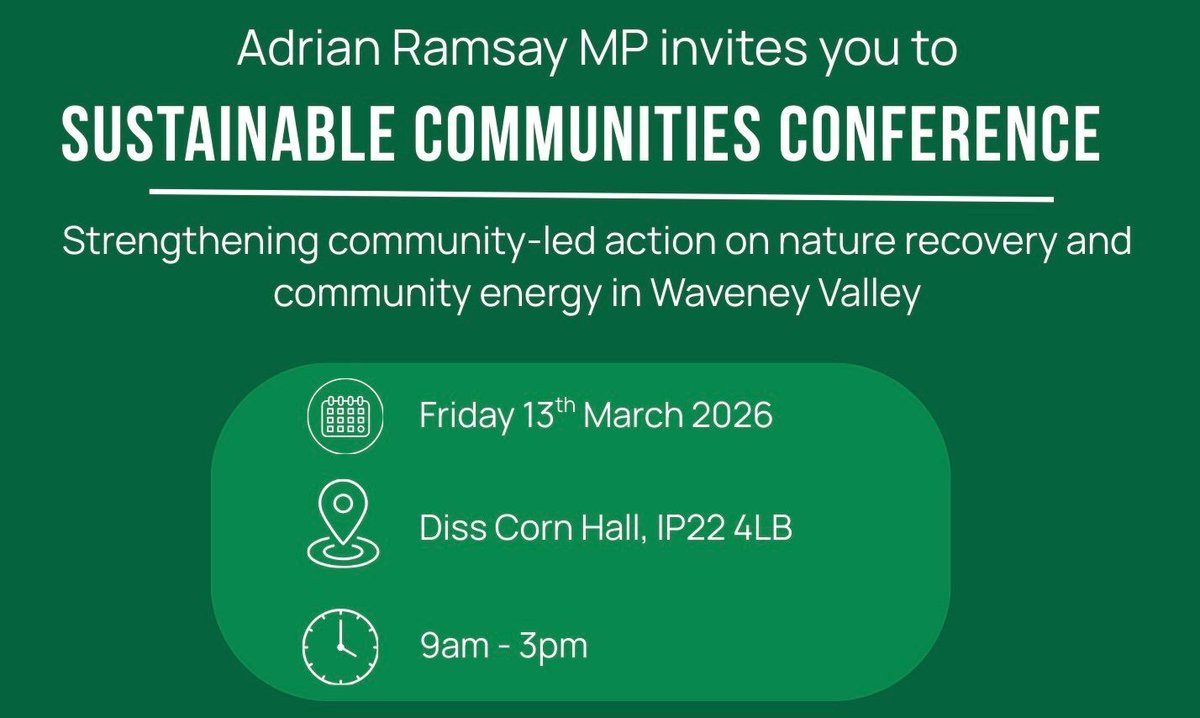 GreenRupertRead's tweet image. Registration is now open for the Sustainable Communities Conference, hosted by @AdrianRamsay, on March 13th in #Diss. The event focuses on two key themes: #nature recovery and community energy. I'm looking forward to contributing. Details 👇 

 eventbrite.com/e/sustainable-…