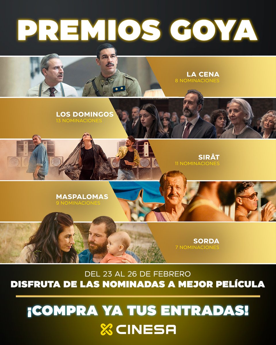 Cinesa's tweet image. Disfruta de nuevo en la gran pantalla de #Cinesa de las nominadas a mejor película en los #PremiosGoya2026 ✨🤩
Consulta sesiones y compra tus entradas en 👉 cinesa.es/ciclos/#ciclo-…
#LaCena #LosDomingos #Sirat #MasPalomas #Sorda