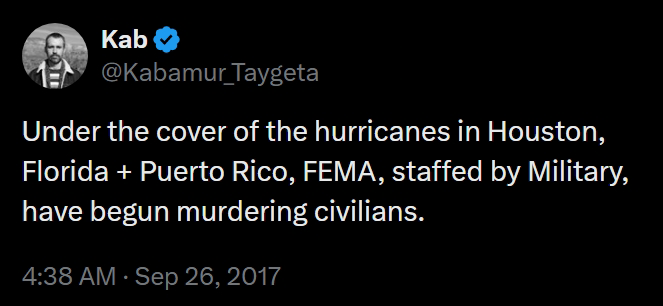 Kabamur_Taygeta's tweet photo. Epstein was receiving insider FEMA information.

Pleiadians previously shared how hurricanes are used by FEMA as cover to kidnap and depopulate citizens.

This is how they kidnapped children for abuse and sacrifices.

The military can artificially manufacture the hurricanes too. https://t.co/E4dE6xExrt