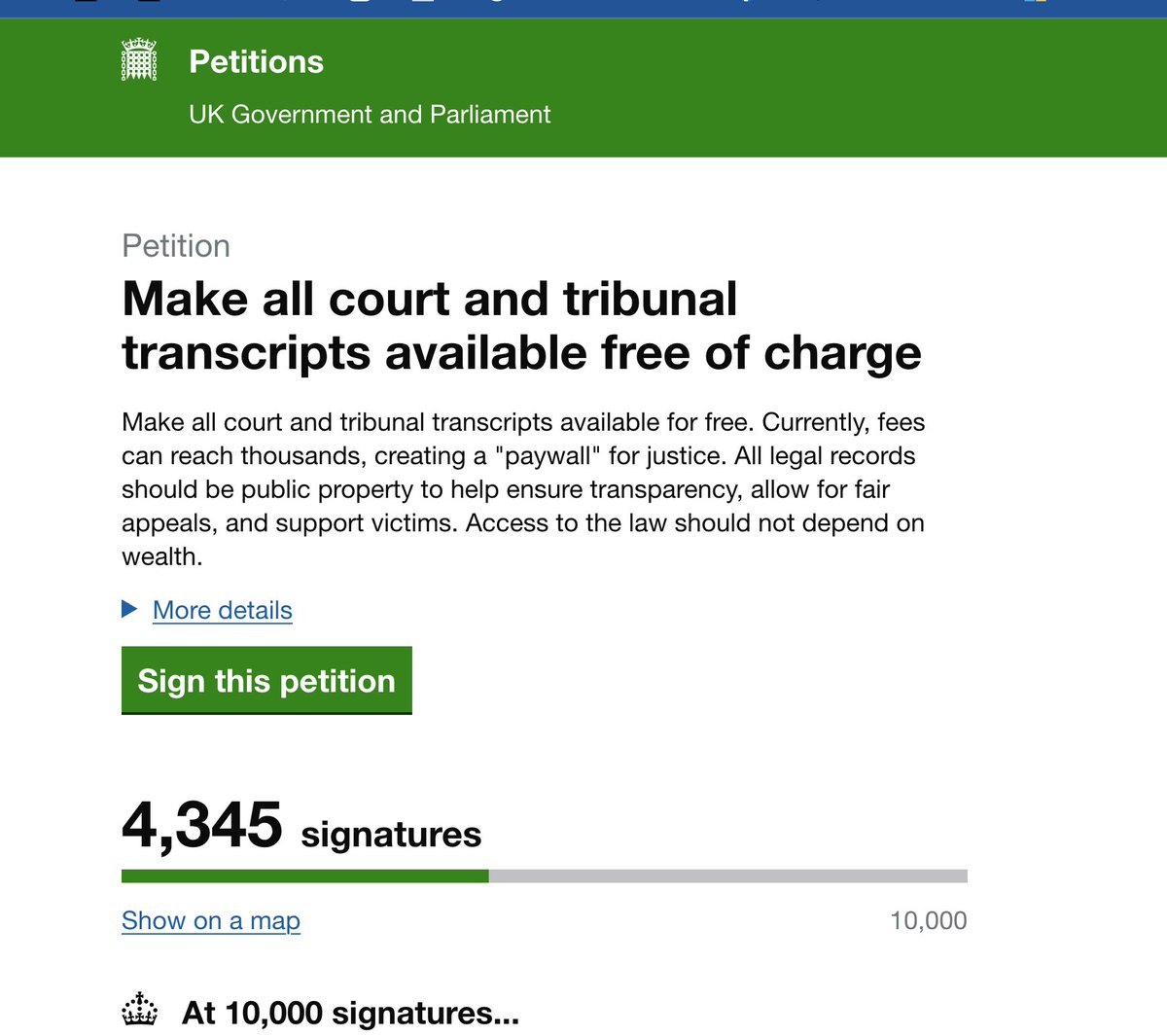 Almost 1/2 way to force this government to address the issue! Court transcripts should be FREE so you can appeal without a "paywall" 👇 Sign and share!