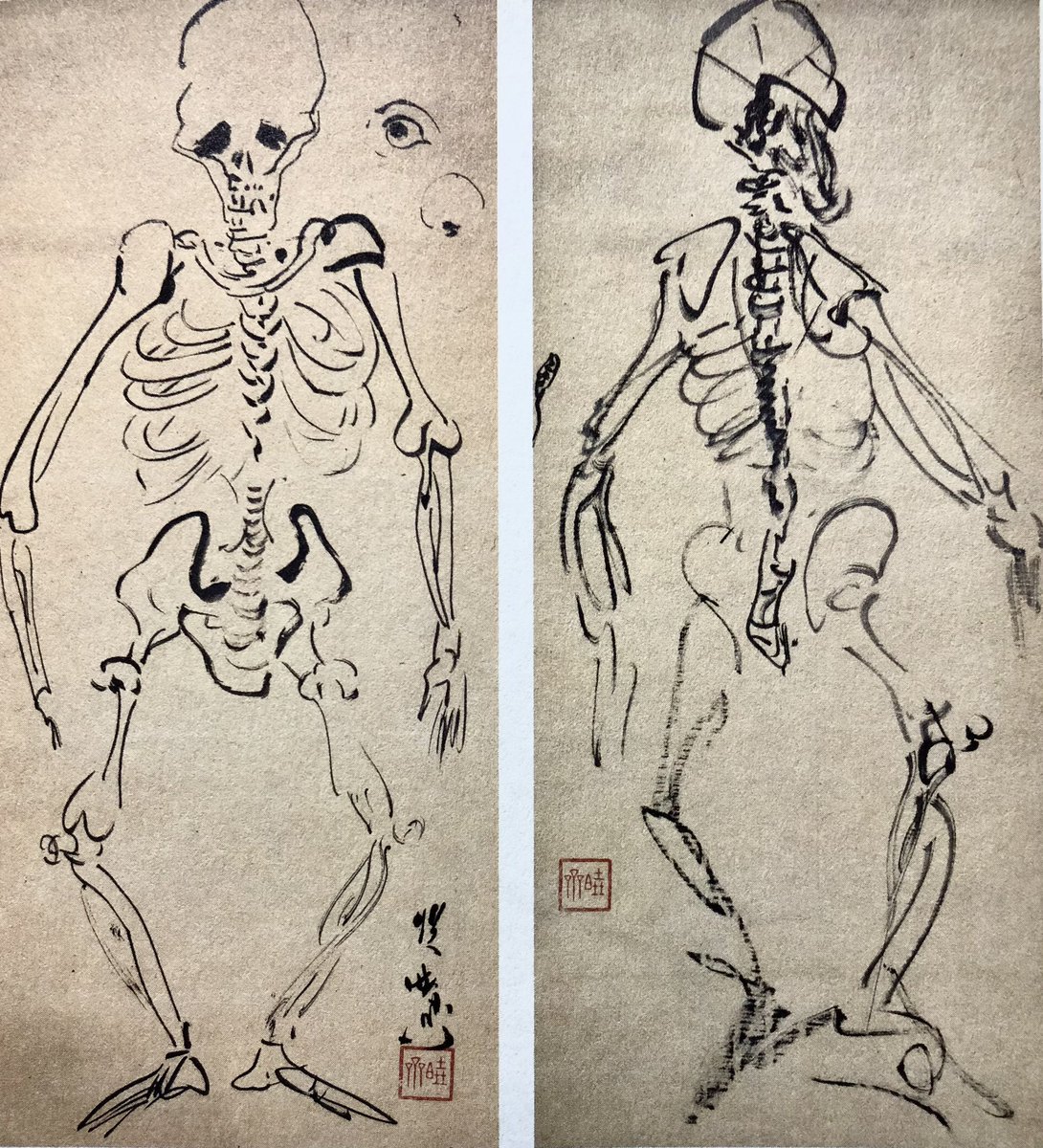 今宵の髑髏 骸骨図 河鍋暁斎 明治期 席画(宴会時等の即興画) 左は酔い