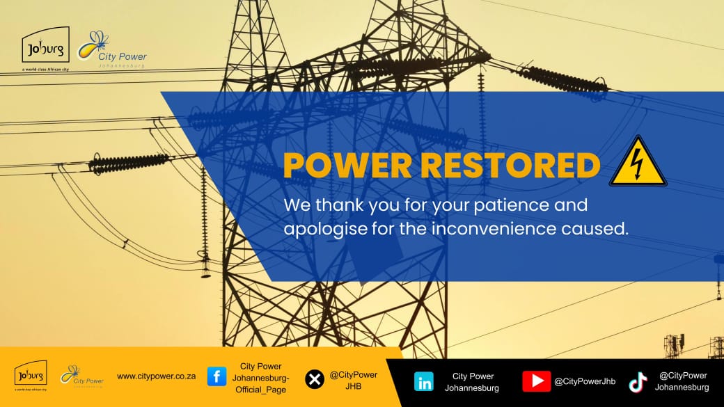 CityPowerJhb's tweet photo. #OutageUpdate #CityPowerOutages #AlexandraSDC
Outage Update- Alexandra SDC
7 February 2026
Gresswold Substation - Crystal Gardens Distributor: Power has been restored to customers in Bramley View, Kew, Lombardy West and surroundings. The outage was caused by a cable fault.
We thank customers for their patience during this time.
For isolated individual calls and any other electricity-related queries customers are advised to log calls on https://t.co/IJC4ePTaAo or call 011 490 7484/0800 202 925.
Follow the Alexandra SDC Outage Updates channel on WhatsApp: https://t.co/AbwUozs1If. ^OS