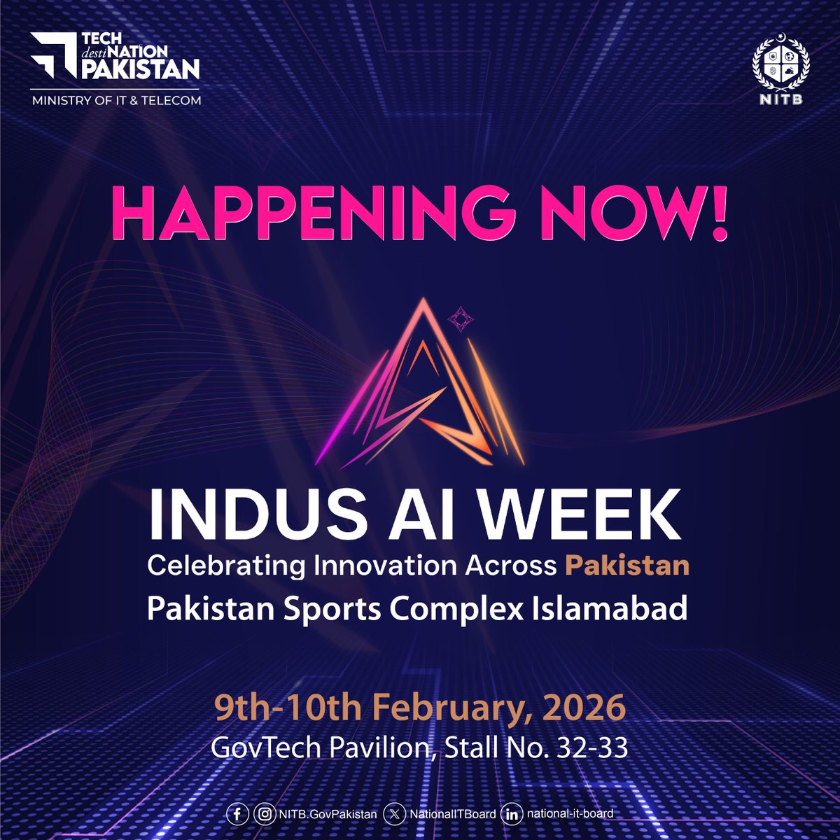 NationalITBoard's tweet photo. IT’S HAPPENING NOW - #NITB AT #INDUSAIWEEK2026
From #smartgovernance to #smarthealthcare, explore how we’re making #AI-enabled #Digitalsolutions accessible to citizens and public sector organizations. Visit #PakistanSportsComplex, #GovTech Pavilion, Stalls 32–33, #Islamabad. https://t.co/53HJ9yEZTi