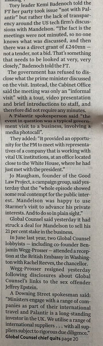 In case you're struggling with the paywall, here's this morning's story about Starmer, Mandelson and Palantir. The FT is pretty much the only UK media source to emerge from this omniscandal with its reputation enhanced