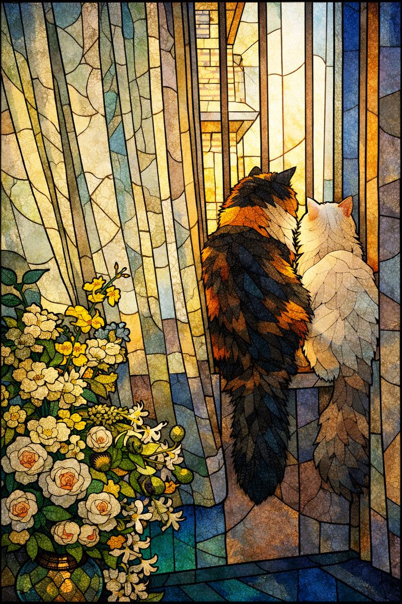 チャッピーにステンドグラス風にしてもらった🩷🧡

  #猫 
 #猫のいる暮らし
 #ノルウェージャンフォレストキャット 
 #ラグドール
#ChatGPT