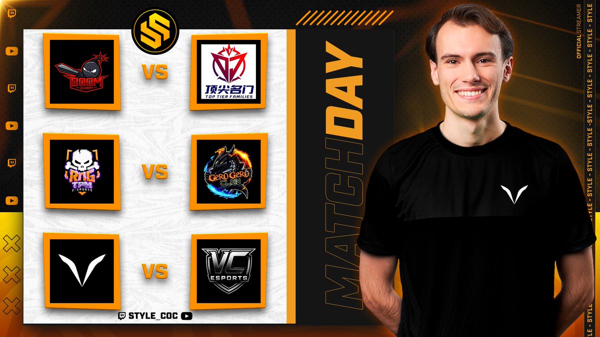 S Á B A D O ! 🥳

No se descansa. Triple Guerraza con el mejor duelo Chino! 😍

🏆 MMC - SC - PC

✅ Boom Academy 🆚 TopTierFamily
✅ RNG x TPM 🆚 GeroGeroClan
✅ VATIC 🆚 VC Esports

16:00🇪🇸 12:00🇦🇷 09:00🇲🇽

🟣 twitch.tv/style_coc
🔴 youtube.com/live/J2riVvw6_…