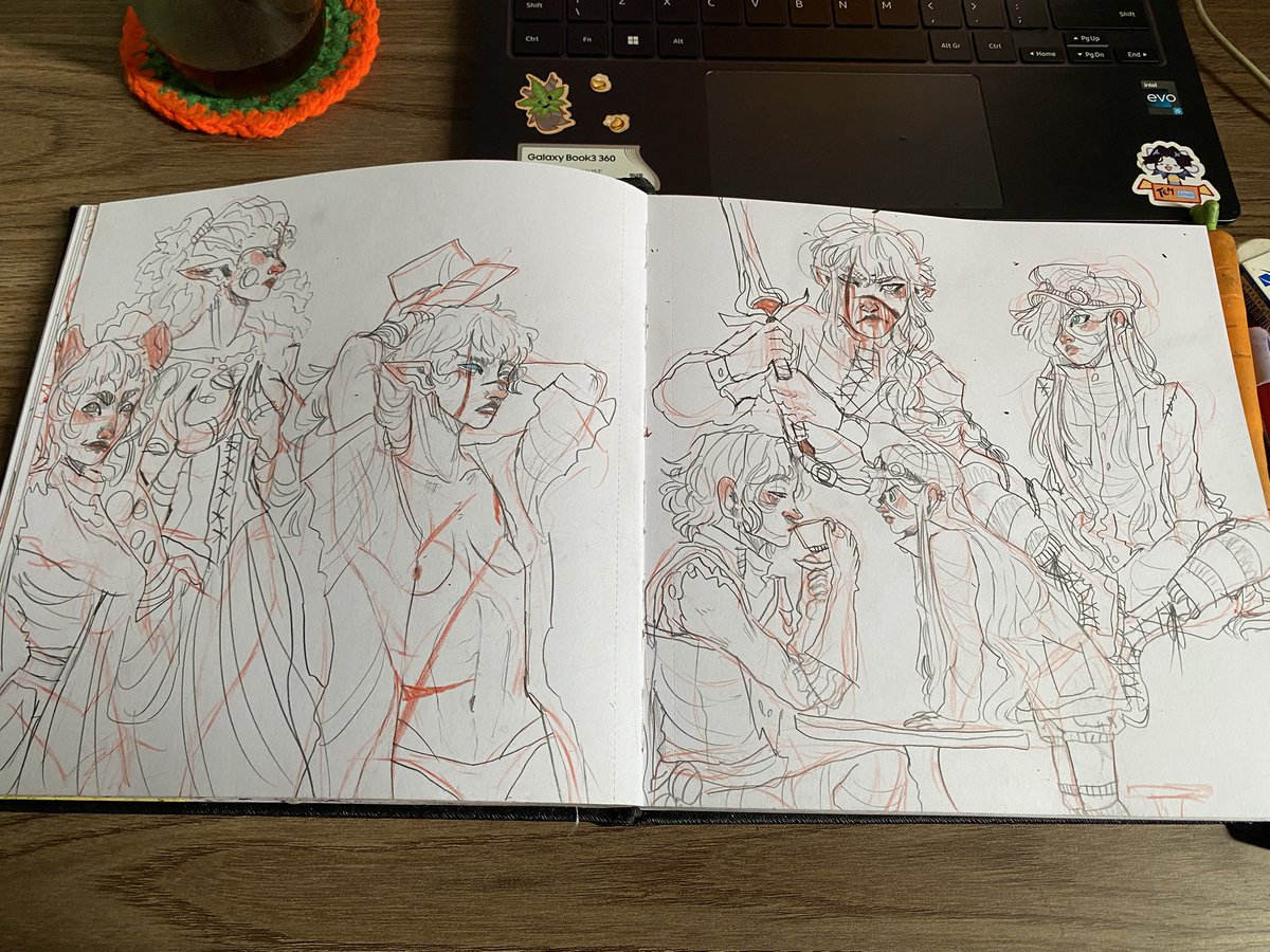 waffles1728's tweet photo. Páginas 17/18/19/20
Sketchbook 10

Páginas de burnout e fim de férias 
17 fiz um desenho belíssimo da Dione, ia usar aquarela mas fiquei com medo de estragar então usei marcador 

18 sketchs no centro cultural 

19 essa pintura a guache vai virar postal

20 sketchs de viagem https://t.co/3bjqTlfINJ
