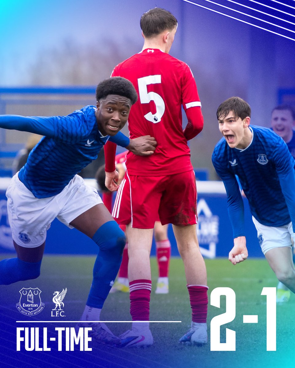 EvertonAcademy's tweet photo. FT. #EFCU18 win the Merseyside derby – a fourth victory in a row against Liverpool. A late Akarakiri winner takes the points at Finch Farm! UTT! 🔵👏
  
[2-1] #U18PL https://t.co/QWGkhAcwf1