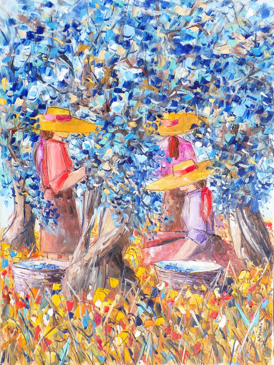 Un mio dipinto ad olio su tela, " La raccolta delle olive ", cm 30x40.