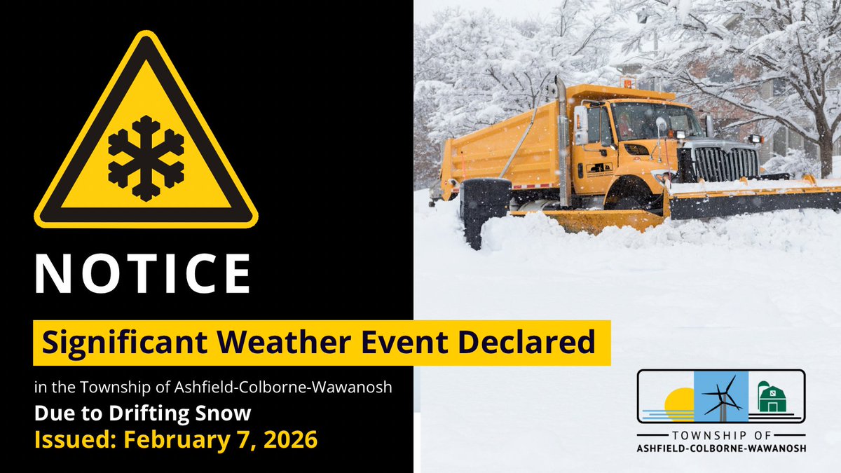 ⚠️ The Township of Ashfield-Colborne-Wawanosh is declaring a Significant Weather Event due to drifting snow.

Users of Ashfield-Colborne-Wawanosh roads are advised to avoid unnecessary travel and to use extra caution if doing so.