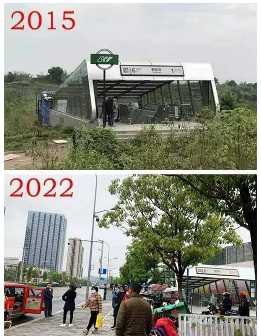 ATENÇÃO!! A direita até hoje usa a foto de cima como "exemplo de que a China fracassou", uma estação de metrô "no meio do nada" em Chongqing!

Acontece que o COMUNISMO tem cidades PLANEJADAS, por isso o sistema de transporte vem ANTES e o bairro foi construído DEPOIS!

O