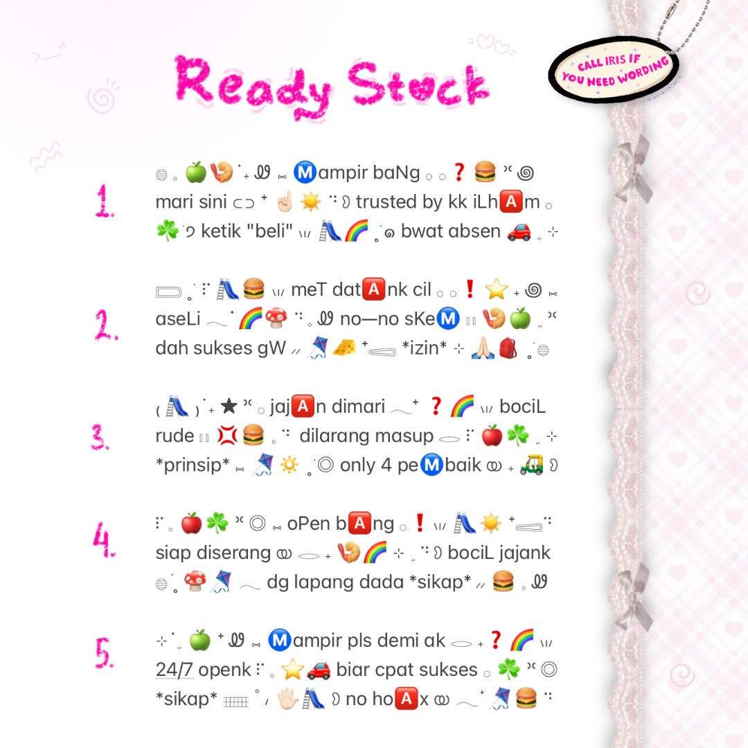 wordinh's tweet image. ⠀
🍔☘️  ..  tap repost pls❓ tysm  ♡%

⭐️🌈  ding — dOng ❗️🛝  back in stock  ..    [ BIO WORDING @ jamethetic ]  🍟  grab now, only 3.500 / each  🍏🪁  come visit my dm and adopt  ..  🪜📬

t. #zonaba #zonauang rs ready stock