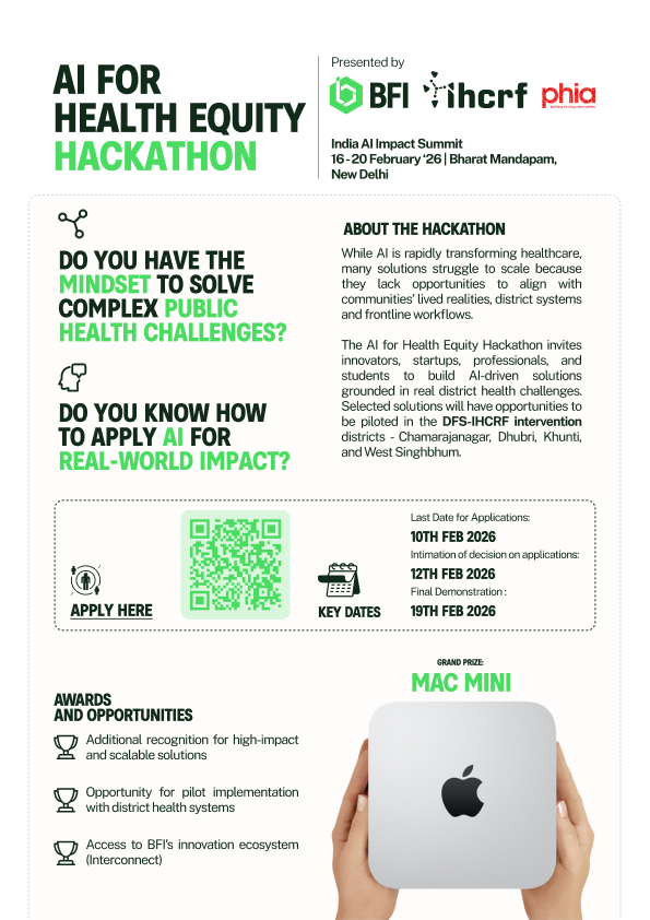 IHCRF_Impact's tweet photo. 🚀 
Call for Innovators!

Have the mindset to solve complex public health challenges using AI? Join the AI for Health Equity Hackathon at the India AI Impact Summit 2026 and build solutions for real district health needs.

Apply now: https://t.co/08awJSuY83

@OfficialINDIAai https://t.co/zDebFkPKqq