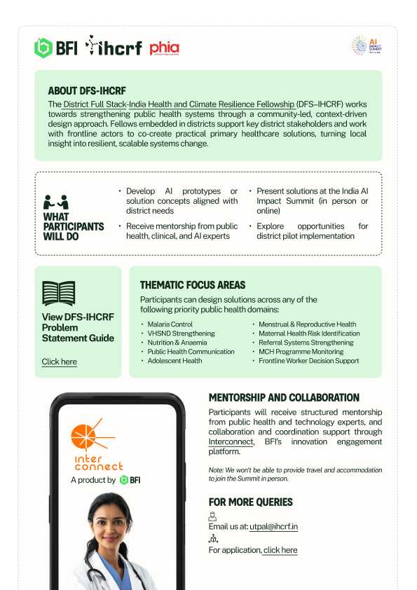 IHCRF_Impact's tweet photo. 🚀 
Call for Innovators!

Have the mindset to solve complex public health challenges using AI? Join the AI for Health Equity Hackathon at the India AI Impact Summit 2026 and build solutions for real district health needs.

Apply now: https://t.co/08awJSuY83

@OfficialINDIAai https://t.co/zDebFkPKqq