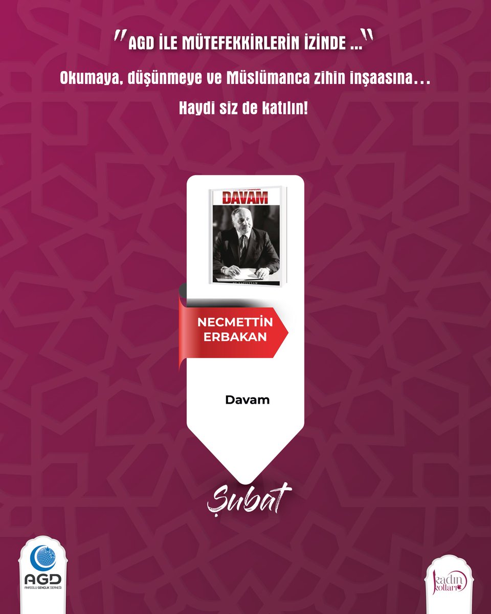 AGD ile Mütefekkirlerin İzinde…
Okumaya, düşünmeye ve Müslümanca zihin inşaasına haydi siz de katılın!

Şubat ayı kitabı ve tahlil tarihi sizlerle✨

Davam - Necmettin Erbakan