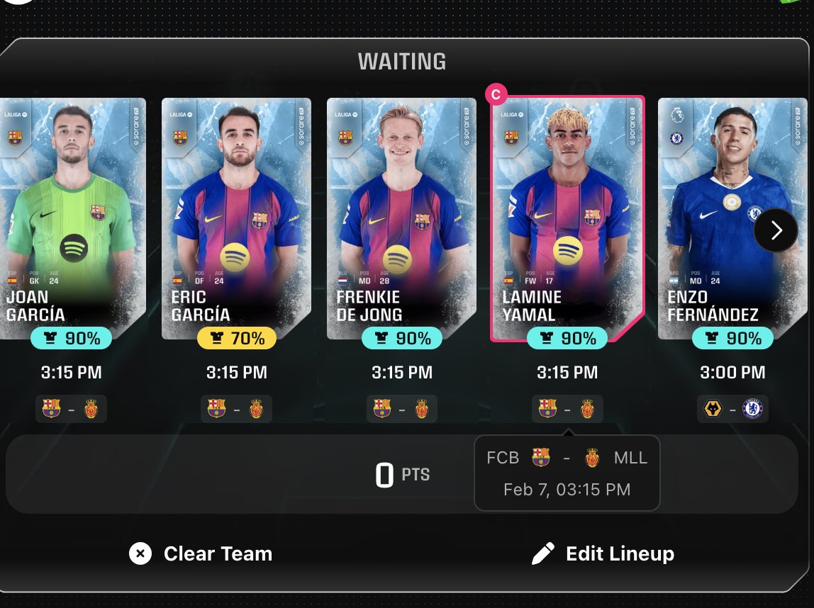 nanzoscoop's tweet photo. Last chance to hit 400 &amp; keep the streak going... can the Barca boys and Enzo do it? 🤞🏾

#WNTRSET
#Sorare
#SorareSet https://t.co/vFvnOLoiCG