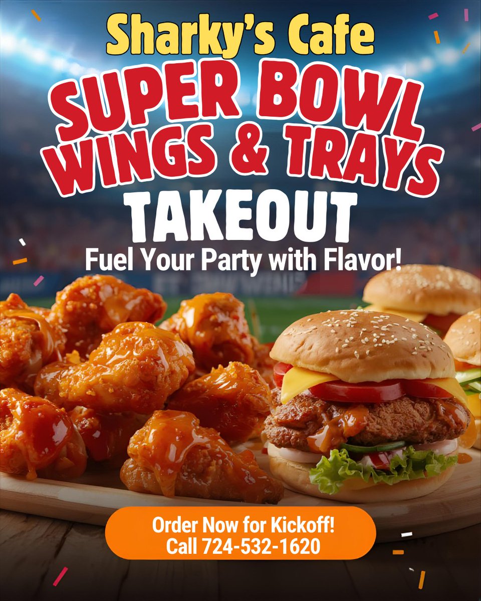 🏈 **Super Bowl Weekend Kickoff!** 🎉 Join us today &amp; tomorrow for brunch from **11 AM - 2 PM**! Enjoy **$2 Mimosas** &amp; **Hangover Sliders**Yinz Smashburger** &amp; **Cheesesteak Egg Rolls**! Get your game day platters ready! 🎊 #SharkysCafe #SuperBowlWeekend #BrunchTime #LatrobeEats