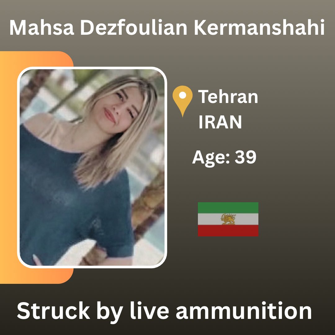 GENOCIDE ALERT ⚠️

The terrorist Islamic Republic shot a dentist with live ammunition outside her office.

Mahsa Dezfoulian Kermanshahi, 39
📍 Tehran, Iran
🗓 Jan 9, 2026

Struck by live ammunition.

#KingRezaPahlavi 
#IranMassacre