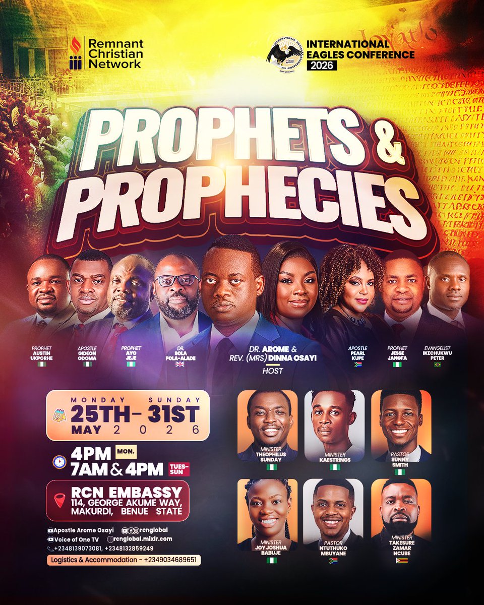 This is a divine convocation of prophets and seekers of God’s counsel.
Come and receive

RCN Embassy, Makurdi
7am &amp; 4pm
#ApostleAromeOsayi #IEC #rcnglobal #iec2026