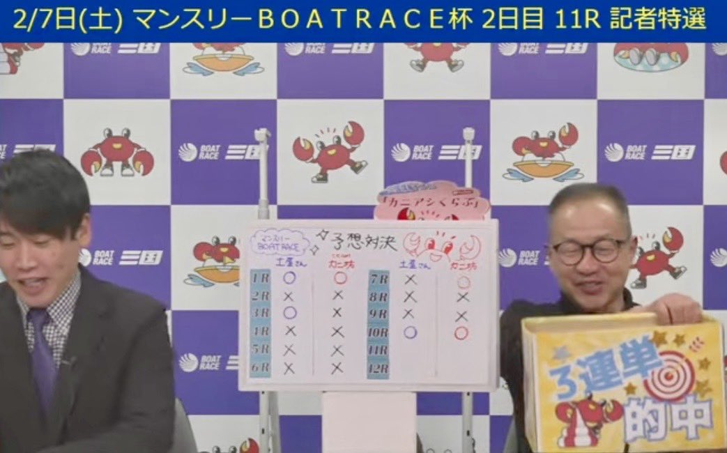 kimura_misato's tweet photo. #カニアシくらぶ 初のゲスト回✨
マンスリーBOAT RACE 編集長 土屋さんとの予想対決は引き分け✨
11R12Rの土屋さんと水上さんの元ボートレーサートークもよかったです👏

2/11(水･祝)優勝戦日のゲストは
マンスリーBOAT RACE 片山さん⭐️
teamカニ坊チャンネルは加藤リーダー！

決着が楽しみです🦀 https://t.co/D2v6tjhrgt