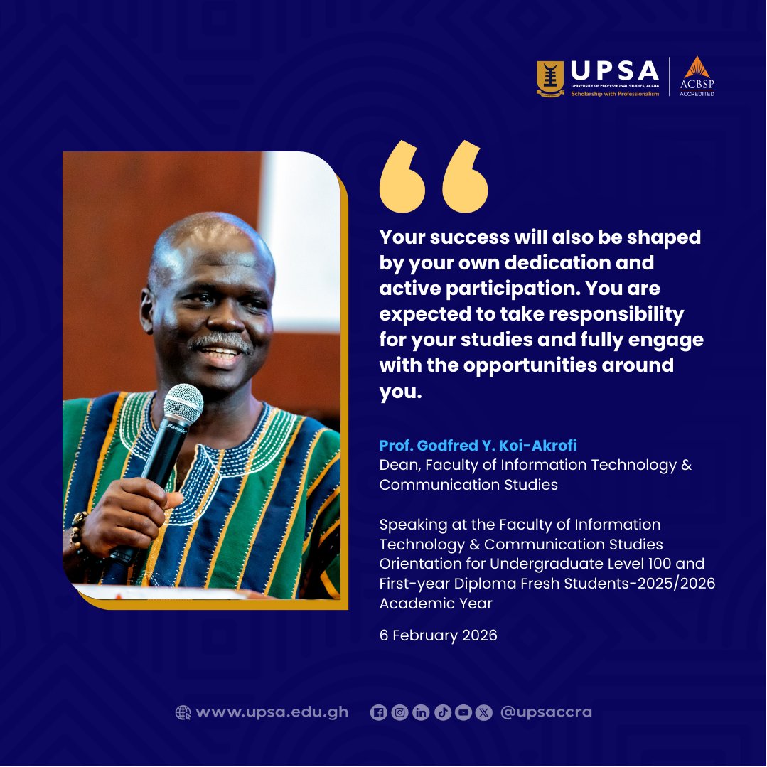 upsaccra's tweet image. Your education is what you make of it! Dean Prof. Godfred Y. Koi-Akrofi emphasized that your success relies on dedication. Take charge! 

#AcademicExcellence #StudentEngagement #UPSA #OrientationMessage