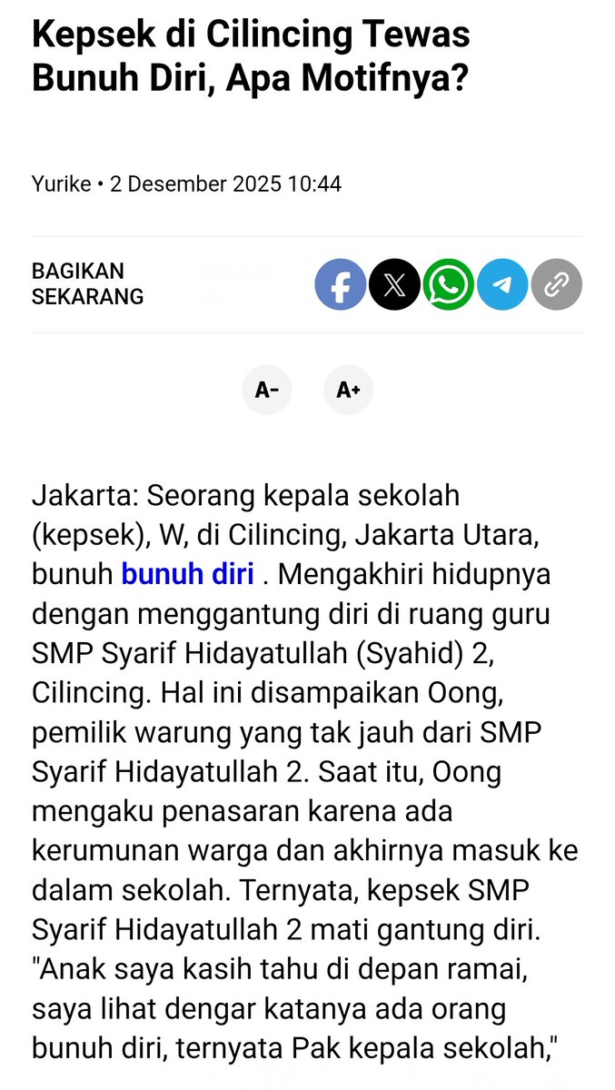 Kepala sekolah (Cilincing) , penjaga sekolah (Sukabumi) dan anak sekolah (Ngada, NTT) melakukan bun*h diri beberapa waktu ini. Alasan khususnya berbeda, penjaga sekolah sakit hati, kepala sekolah diduga tidak jadi menikah, sementara anak sekolah di NTT diberitakan memilih bunuh