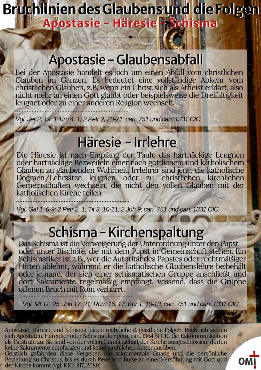 Die traditionalistische Piusbruderschaft hat unerlaubte Bischofsweihen angekündigt. Damit werden sie erneut ins Schisma fallen. Was das ist und welche Konsequenzen das und andere Glaubens-Vergehen hat, findest du in diesem Poster.#schisma; #apostasie; #exkommunikation; #häresie