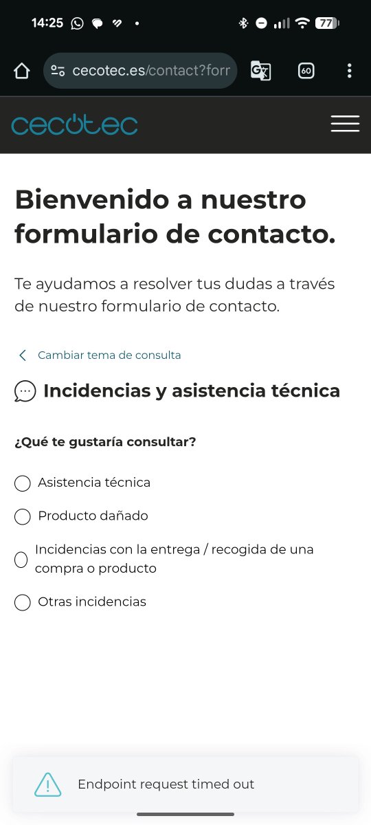 mussra's tweet photo. @CECOTECoficial  Hola cecotec!! No puedo usar vuestra web para gestionar la devolución de un pedido y cuando intento crear una incidencia me aparece un timeout como se ve en la foto. https://t.co/DnPUsHAtbt