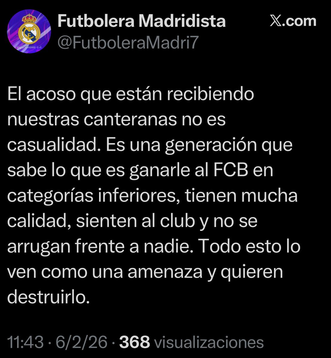 Algunos piensan que se está hablando del codazo de Irune porque le tenemos mucho miedo al Madrid B, quiero decir… Incapaces de aceptar que era roja y una acción antideportiva. Que sigan pensando así. Todo es culpa del arbitraje y la mejor cantera es la suya.