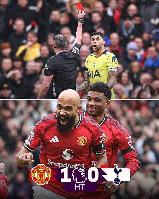 _UTDINDONESIA's tweet photo. United take the lead at half-time! 🔴 Bryan Mbeumo’s opener came right after Spurs went down to 10 men. Perfect timing and clinical execution — now time to stay focused and finish the job in the second half!

#MUFC #MUTOT https://t.co/79fEK1oDOh