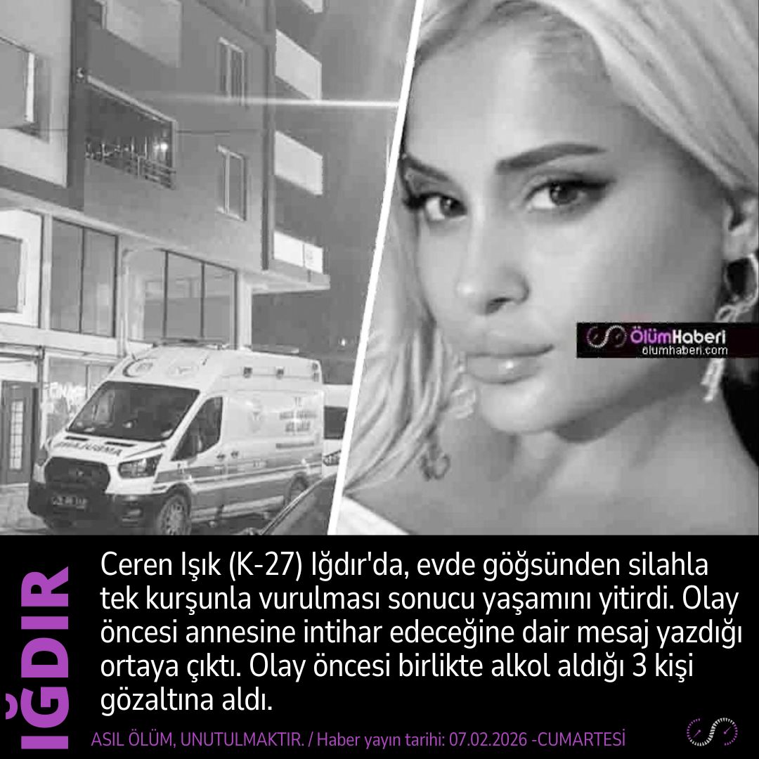 OlumHaberi's tweet photo. Ceren Işık (K-27) Iğdır’da, evde silahla vurulması sonucu yaşamını yitirdi.
https://t.co/VuA8QJlCLI
#CerenIsık #igdir #vefat #cenaze #intihar #cinayet #otopsi https://t.co/glO3rQQS2y