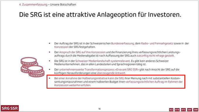 Aus einer SRG-eigenen Investorenpräsentation.

Wer behauptet, ein Ja zur 200-Franken-Initiative würde die SRG zerstören, der lügt!