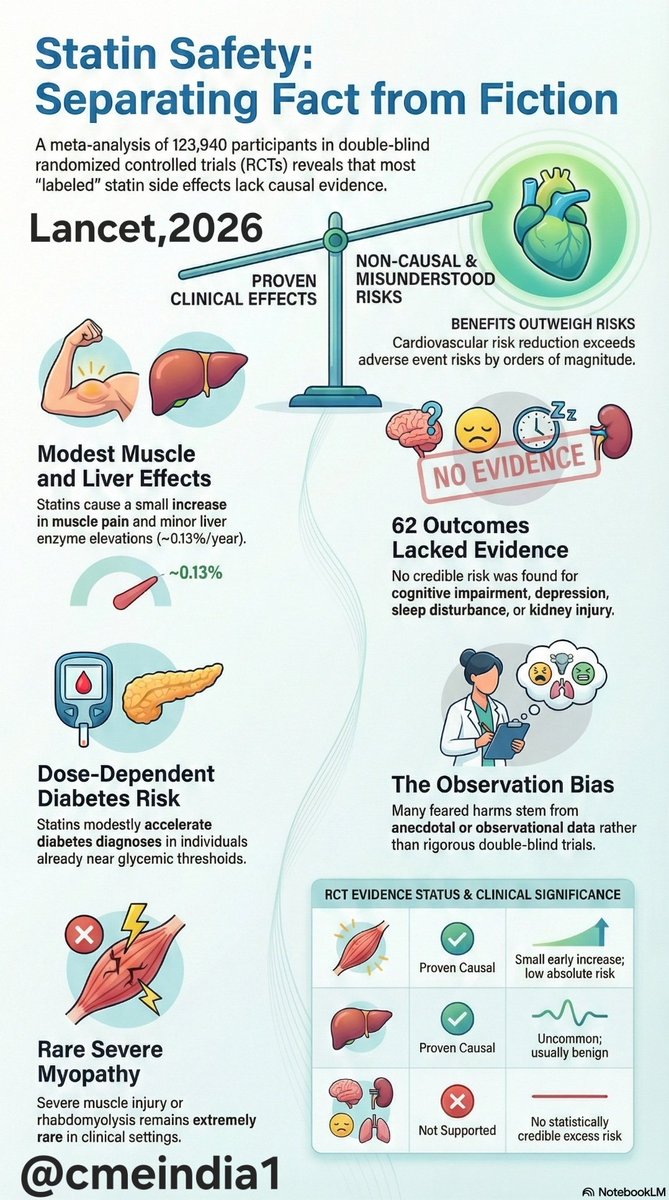 Statin Safety: What 123,940 Double-Blind RCT Participants Really Show, Lancet, 5th February,2026

Statins remain among the most rigorously evaluated drug classes in cardiovascular medicine. This individual-participant data meta-analysis from the Cholesterol Treatment Trialists’