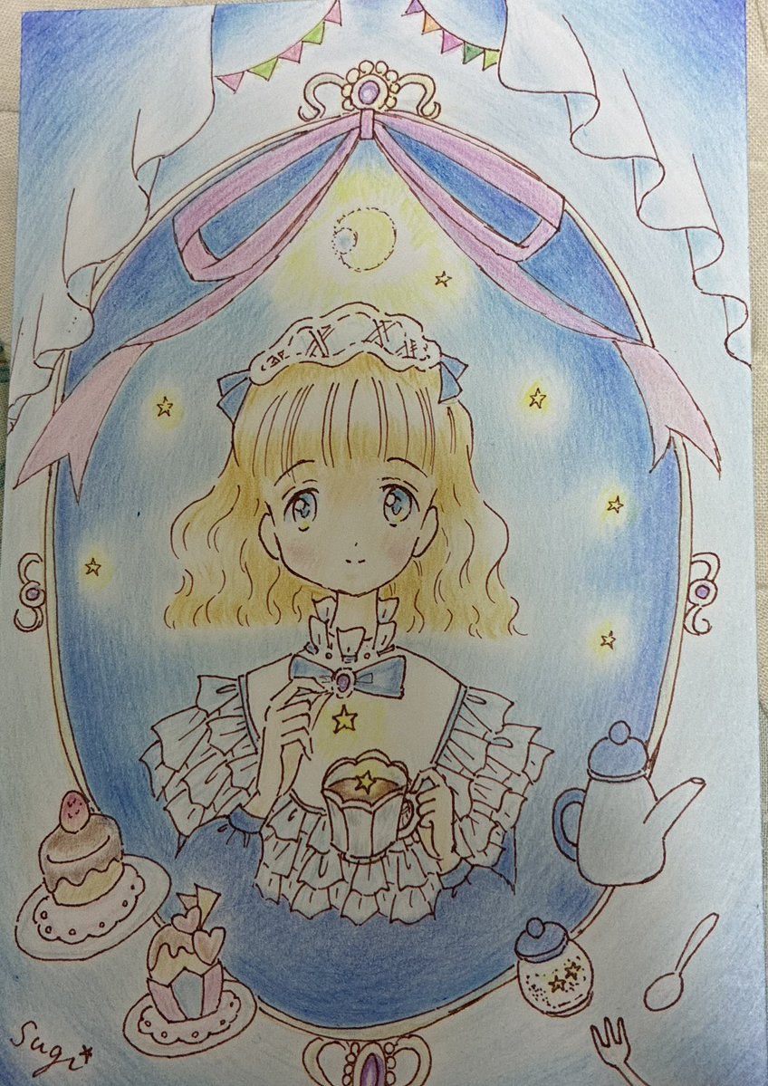 ↓意外と気に入っている色鉛筆画。タイトル【真夜中のお茶会】不思議な