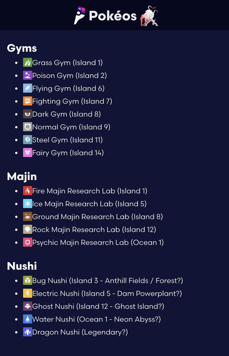 🚨 LEAKS / SPOILERS 🚨

We might have cracked the code for Gaia / Gen 10 by combining asset lists, leaked locations and map details

Everything points to a full 18-type structure and 3 paths like SV:
- 8 Gyms ✅
- 5 Majin
- 5 Nushi / Bosses

Gyms seems confirmed. Majin &amp; Nushi
