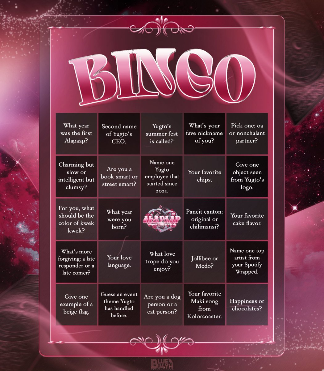 ㅤ
︎ ︎
ㅤ
        Taglay ng bawat kahon ang mga tanong
        na sa bawat tugon ay pagbubunyag ng
        mga lihim tungo sa hiwaga ng tadhana.

        Narito ang blangkong baraha para sa'yo
        at i-QRT matapos sagutan.
        ❦ ⋮ bit.ly/ALAPAAP2026-BI…
 ︎

ㅤ