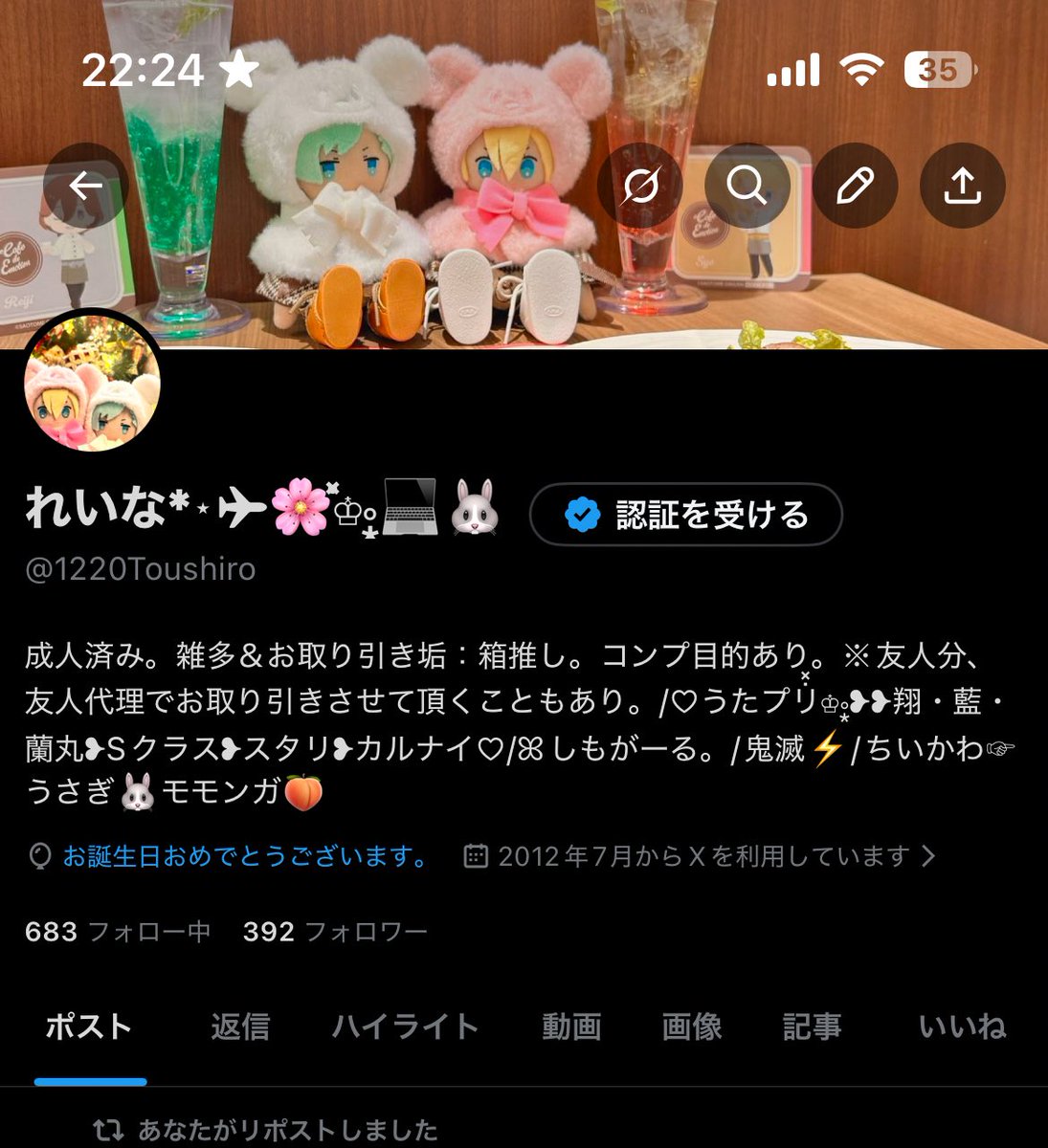 れいな*⋆✈🌸̇̽♔ ͙̊💻🐰※通知不良※ tweet media