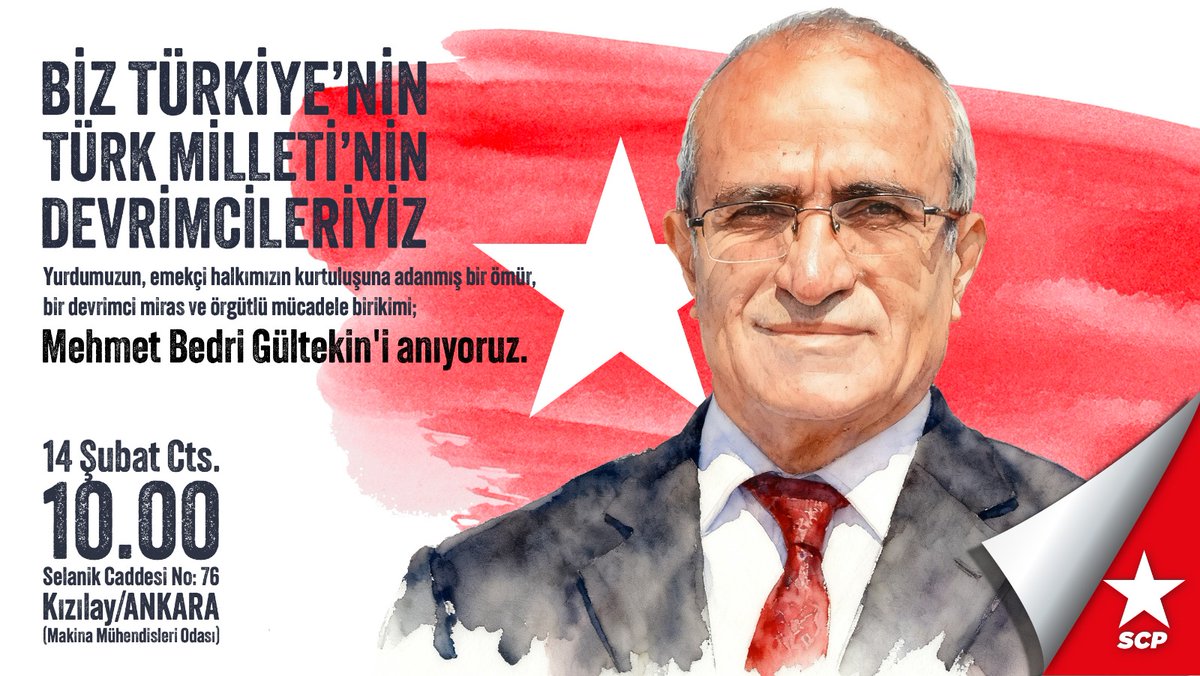 scgresmi's tweet image. Sosyalist Cumhuriyet Gençliği olarak ,Partimizin Kurucu Genel Başkanı, Sosyalist Cumhuriyet Gençliğinin Onursal lideri Mehmet Bedri Gültekin'i aramızdan ayrılışının üçüncü yıldönümünde anacağız.

Anma toplantımıza tüm arkadaşlarımızı davet ediyoruz.

14 Şubat Cumartesi 

Saat:…