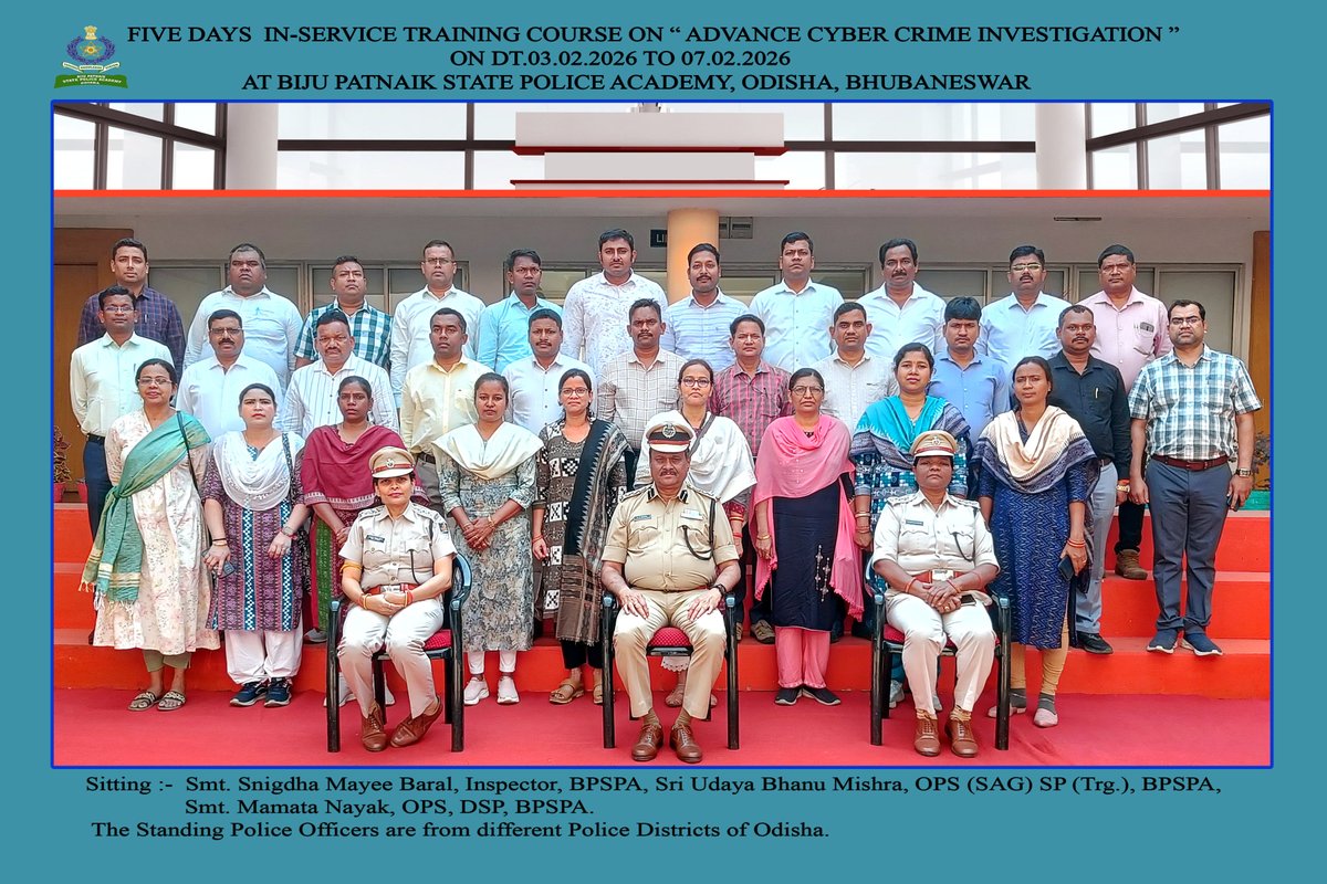 DirBpspa's tweet photo. BPSPA, Bhubaneswar successfully conducted a 5-days In-service Training Course on “Advanced Cyber Crime Investigation,” from 03.02.26 to 07.02.26 attended by 31 police officers from the rank of DySP to SI. https://t.co/JJKGprP2Bz