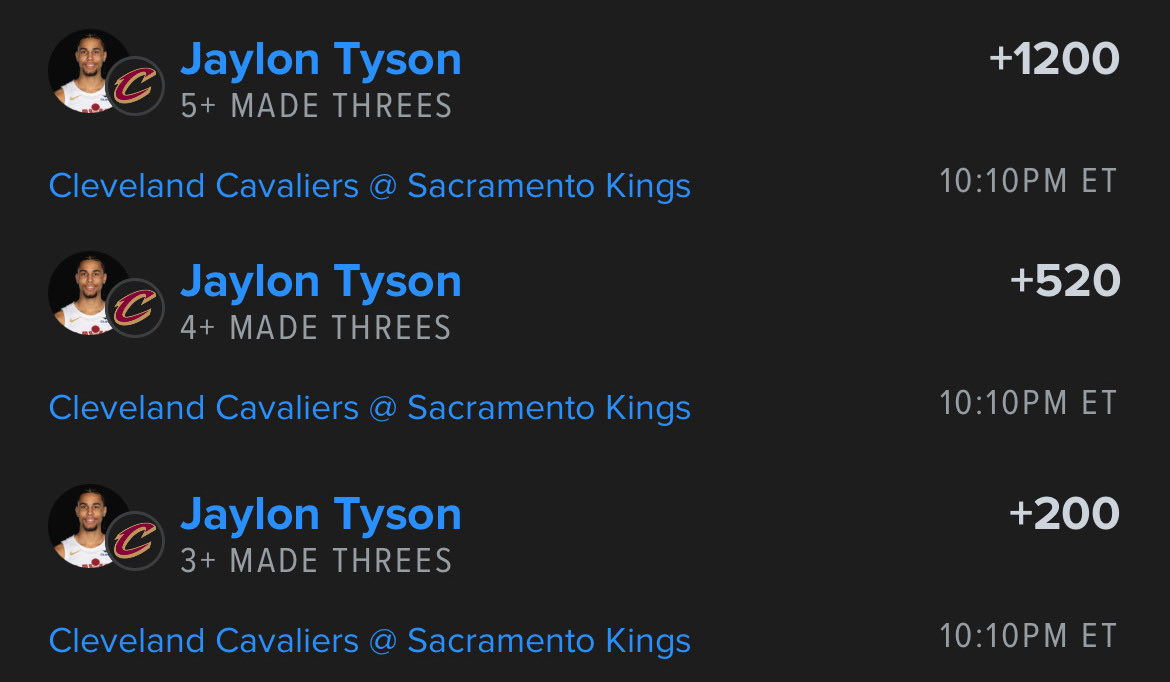 bookies's tweet image. Jaylon Tyson 3’s ladder! 🪜 

💰 $50 GIVEAWAY - RT &amp;amp; FOLLOW 💰 

Been a sharpshooter as of recent, Last 5 games: 3, 4, 2, 3, 2 — Books sleeping on this heater, lock it in tonight 😤💰

🔗 betfinder.short.gy/FD23fH?utm_ref…