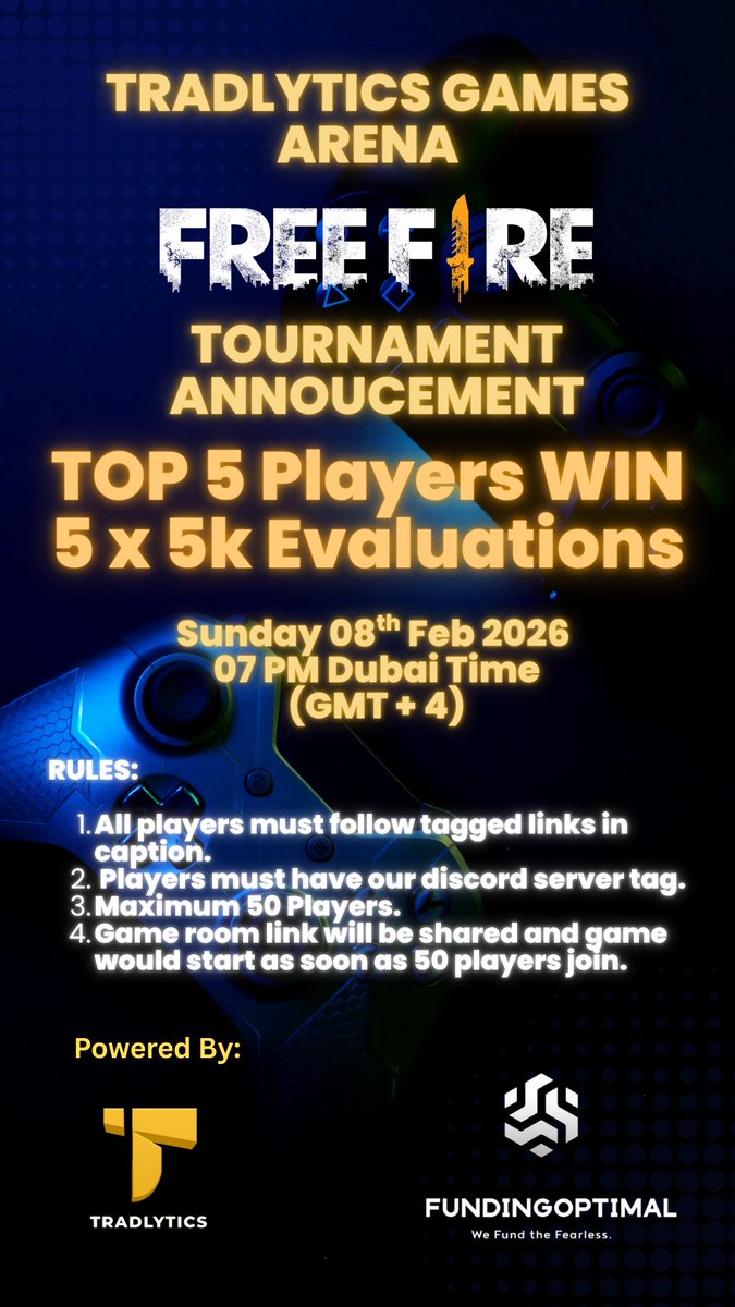 🚨 FREE FIRE TOURNAMENT ALERT 🚨

Powered by <a href="/FundingOptimal/">FundingOptimal</a> 

🎮 Battle the best
🏆 Exciting prizes up for grabs
📅 Date: [08/02/2026]
⏰ Time: [07PM Dubai Time (GMT + 4)]
Think you’ve got what it takes?

Join Our Discord 👇
🔗 discord.gg/8NVf7BRAry

<a href="/phantomfxoff/">Phantom Fx</a>