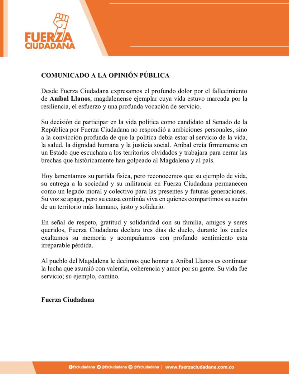 FzaDelCambio's tweet photo. Con profunda tristeza, lamentamos el fallecimiento de nuestro compañero de lista Aníbal Llanos, quien dedicó su vida al servicio de los demás.
Paz en su tumba y honor a sus luchas. @FuerzaCiuBgta @FCValledelCauca @carlosecaicedo @ComunesCoL @petrogustavo https://t.co/sbuuaEeMUR
