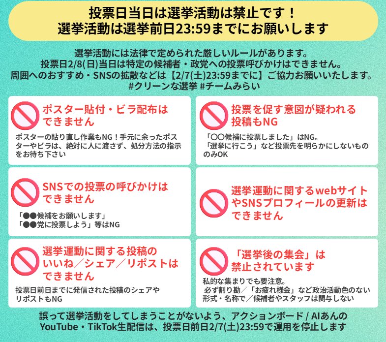 選挙戦も1時間ほどとなりました。

明日2月8日(日)の投票日当日は、法律により選挙活動が禁止されています。本日2月7日(土)23:59を過ぎると、特定の候補者・政党への投票の呼びかけはできません。

下記画像の内容をご確認いただき、ともにクリーンな選挙活動をお願い致します。